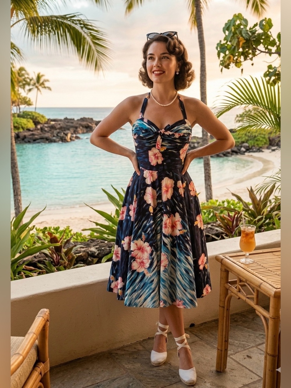 Vintage 1950s Kamehameha Hawaiian Dress Blue Hibiscus Floral SM Sweetheart Neck